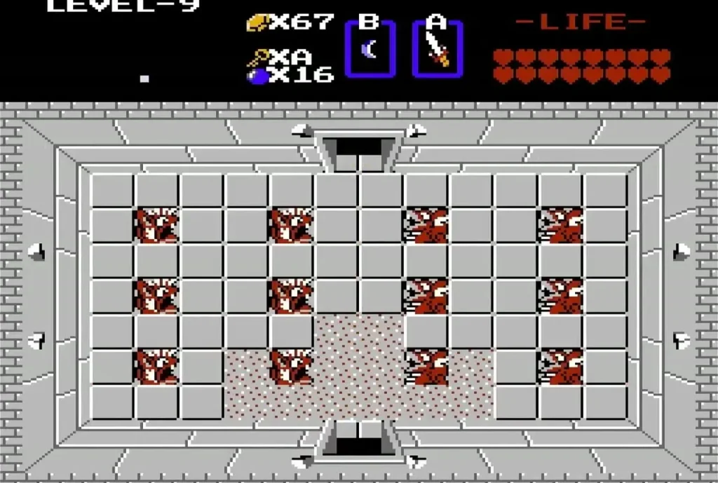Level 9 entrance room with red block pairs and a door below Level 9 entrance room with red block pairs and a door below