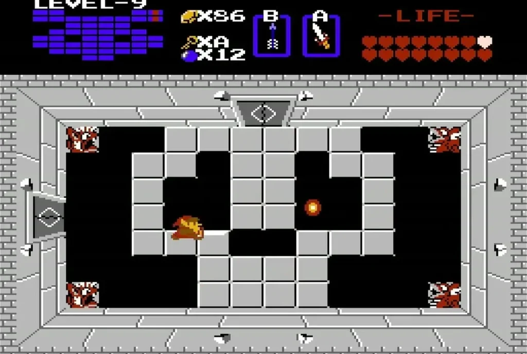 Ganon in the dark Level 9 boss room with orange fire nearby Ganon in the dark Level 9 boss room with orange fire nearby