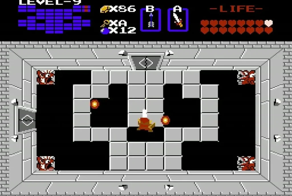 Ganon's orange fireballs circling Link in the Level 9 boss room Ganon's orange fireballs circling Link in the Level 9 boss room