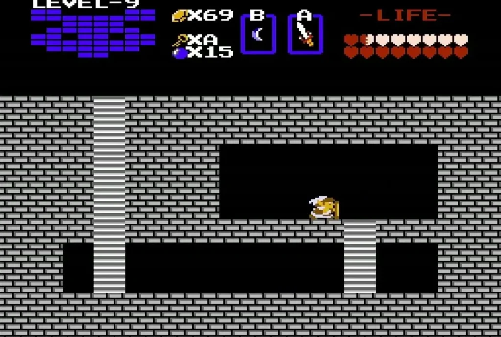 Gold item in a Level 9 room with a bottom passage Gold item in a Level 9 room with a bottom passage
