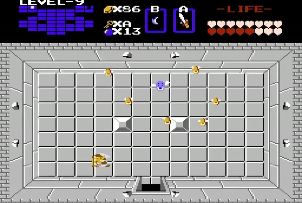 Gold items scattered in a Level 9 room with white blocks Gold items scattered in a Level 9 room with white blocks