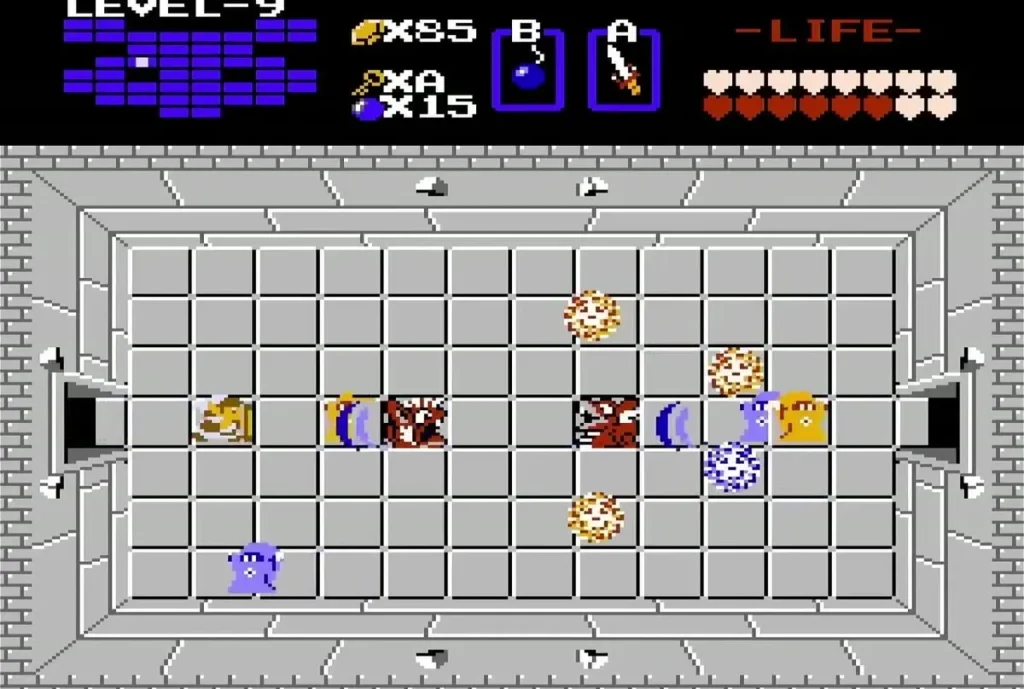 Link among enemies in a Level 9 room with white blocks Link among enemies in a Level 9 room with white blocks