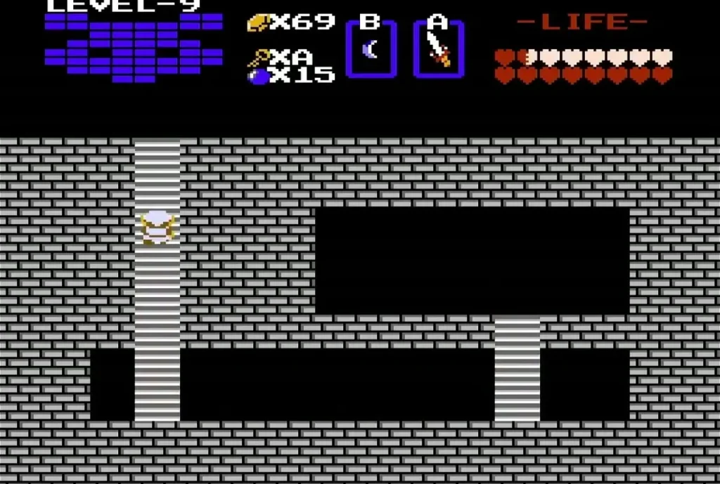 Link at the top of the Level 9 stairwell beside a gold item Link at the top of the Level 9 stairwell beside a gold item