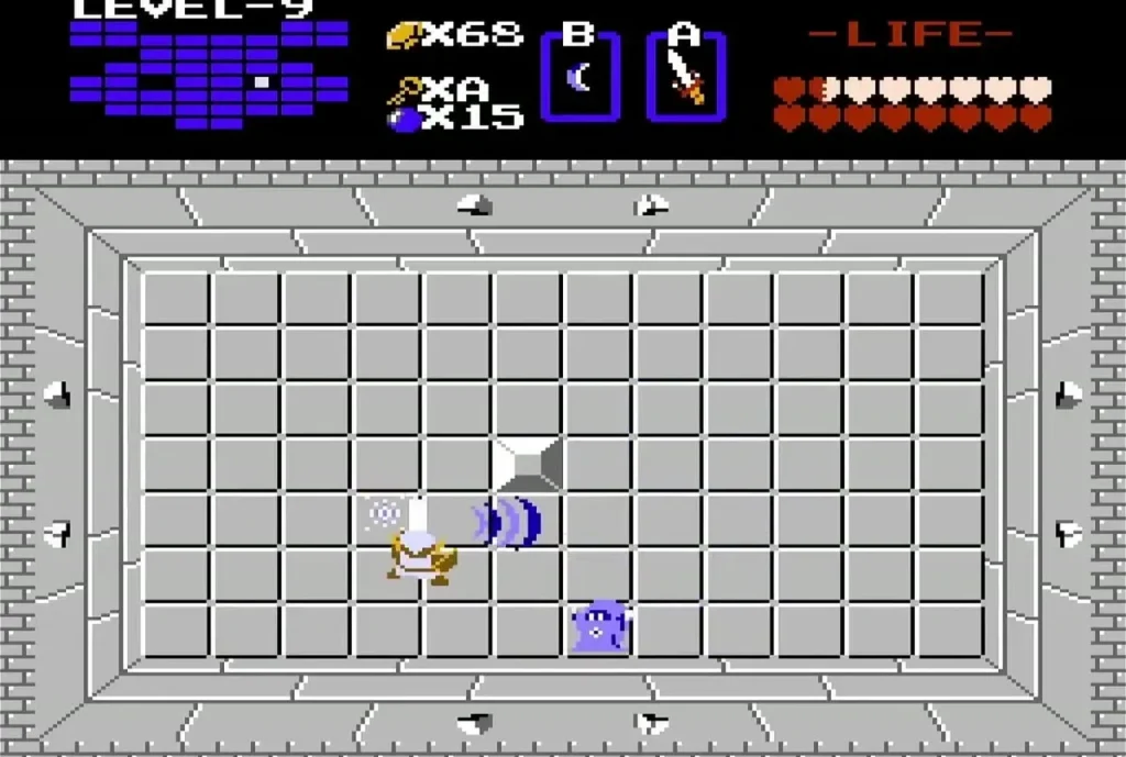 Link holding up the Silver Arrow in a grey Level 9 room Link holding up the Silver Arrow in a grey Level 9 room