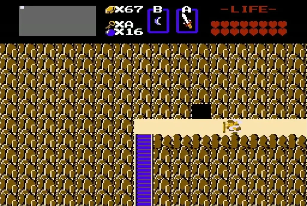 Link beside the black cave entrance on the Level 9 overworld Link beside the black cave entrance on the Level 9 overworld