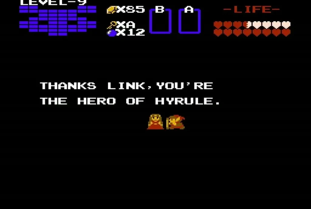 Link and Princess Zelda beside the text thanking Link as the hero Link and Princess Zelda beside the text thanking Link as the hero