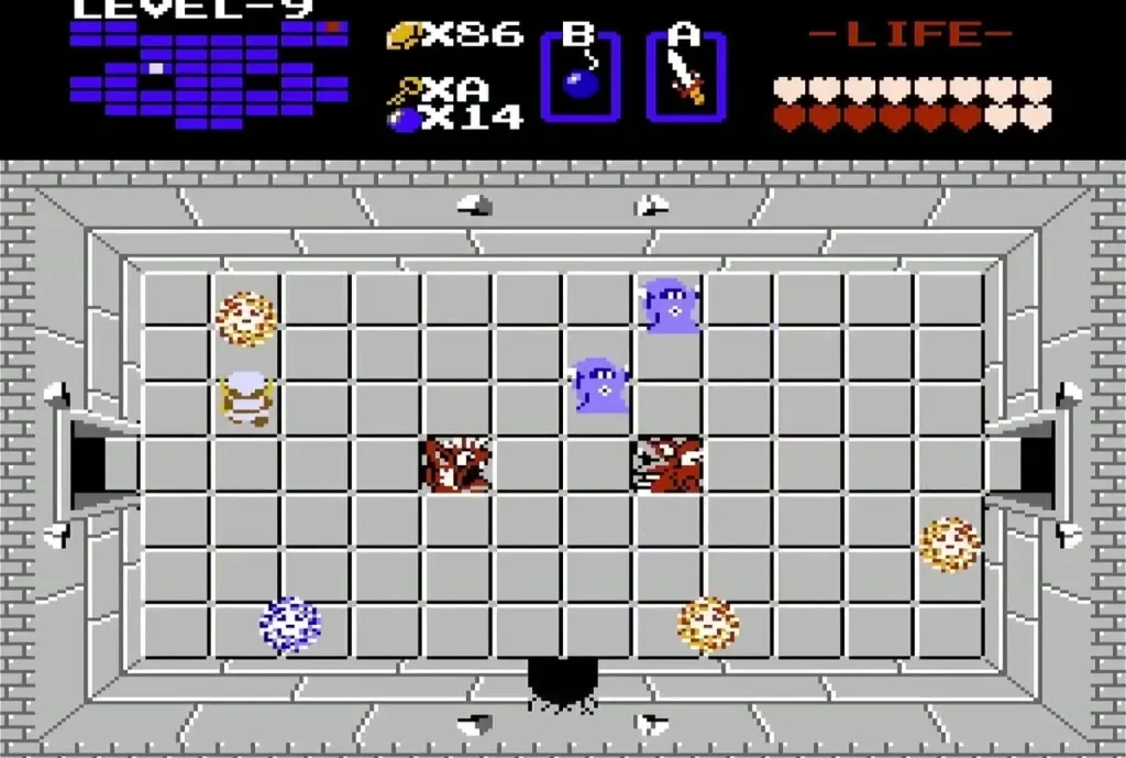 Wizzrobes in a Level 9 room with red blocks and two doors Wizzrobes in a Level 9 room with red blocks and two doors