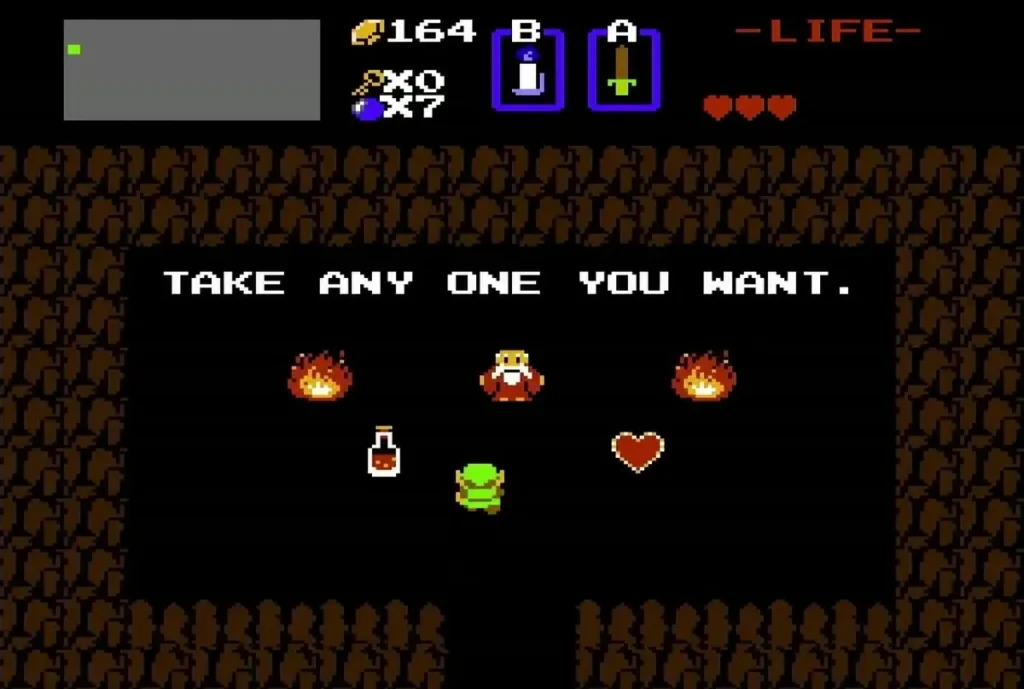 Old man in the cave offering a choice of gifts, with a heart and a potion Old man in the cave offering a choice of gifts, with a heart and a potion