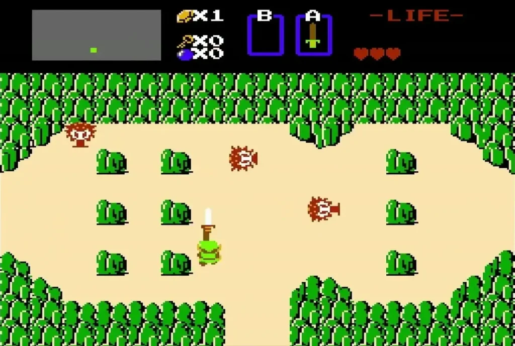 Link holding the Wooden Sword on the overworld with enemies nearby Link holding the Wooden Sword on the overworld with enemies nearby
