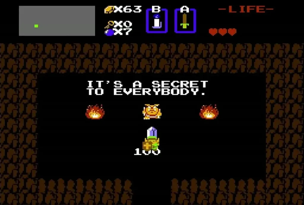Link holding up a blue rupee worth 100 in the secret cave Link holding up a blue rupee worth 100 in the secret cave