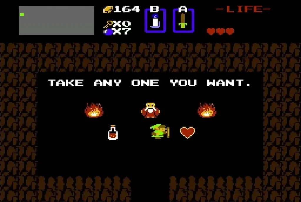 Link walking toward the heart while the old man offers a choice of gifts Link walking toward the heart while the old man offers a choice of gifts