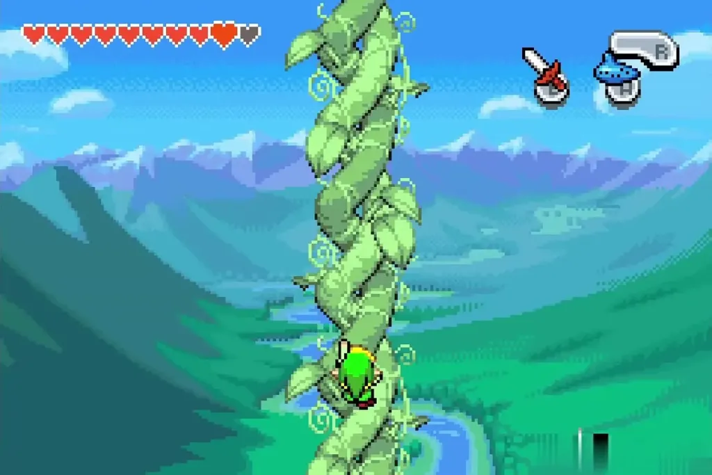 Link climbing the tall beanstalk above the mountains