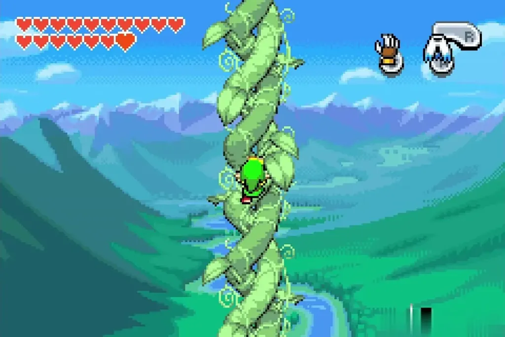 Link climbing the beanstalk above the valley