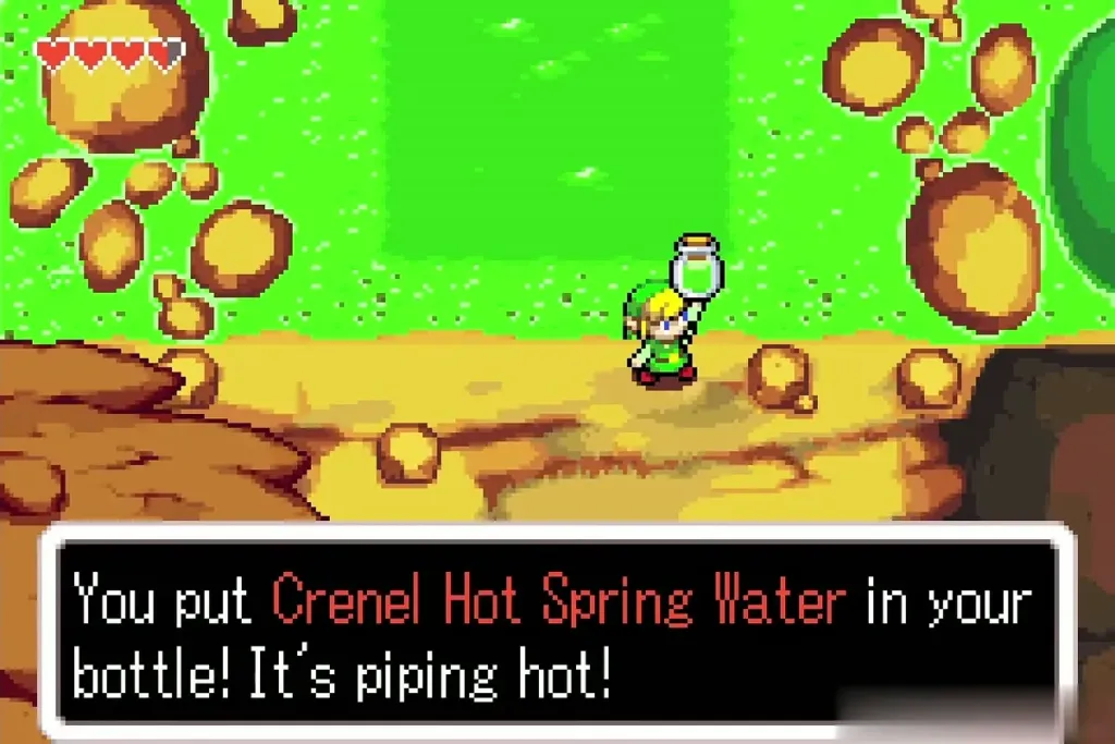 Link with a bottle filled with Crenel Hot Spring Water at the green spring