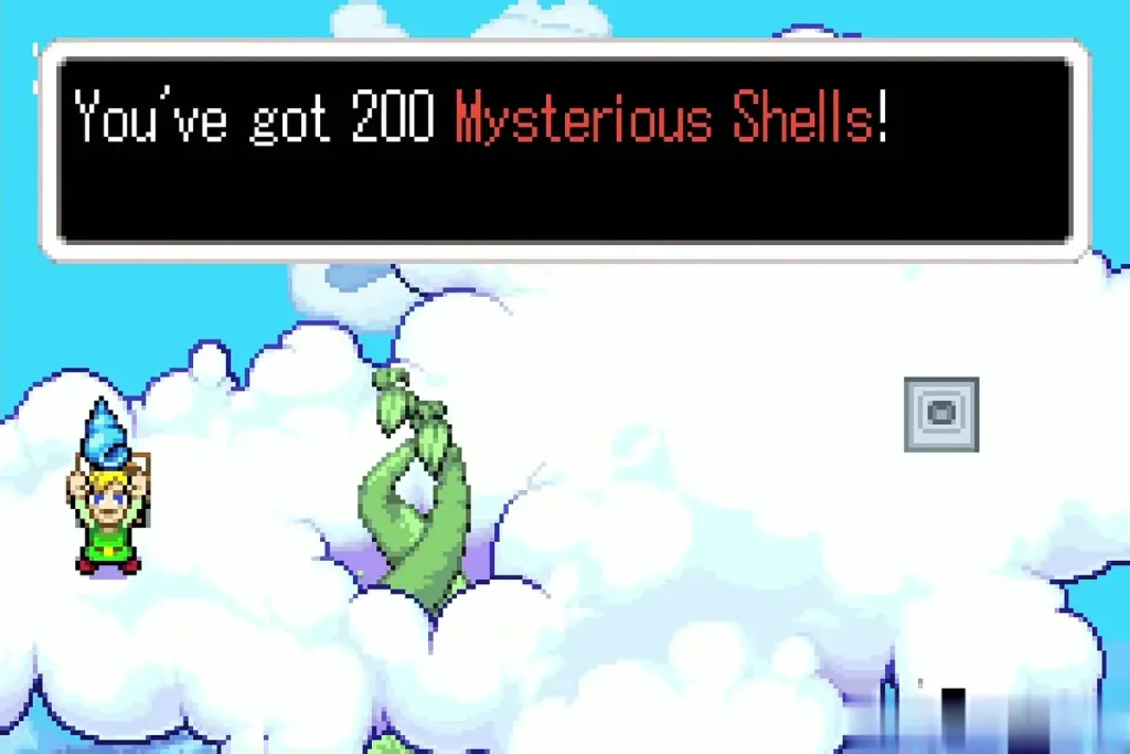 Link holding up 200 Mysterious Shells from the second chest on the cloud