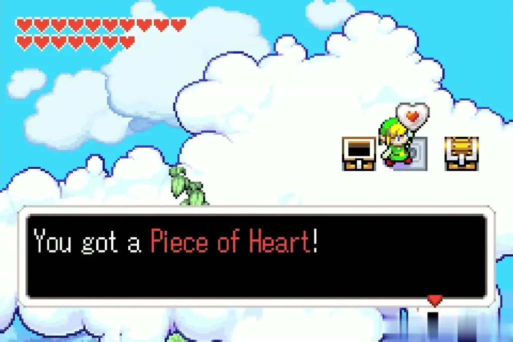 Link holding up a Piece of Heart on the pedestal on the cloud