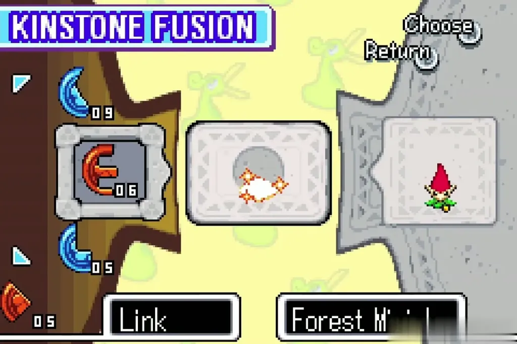 Kinstone Fusion screen with a red piece joined to the Forest Minish in the Wind Ruins