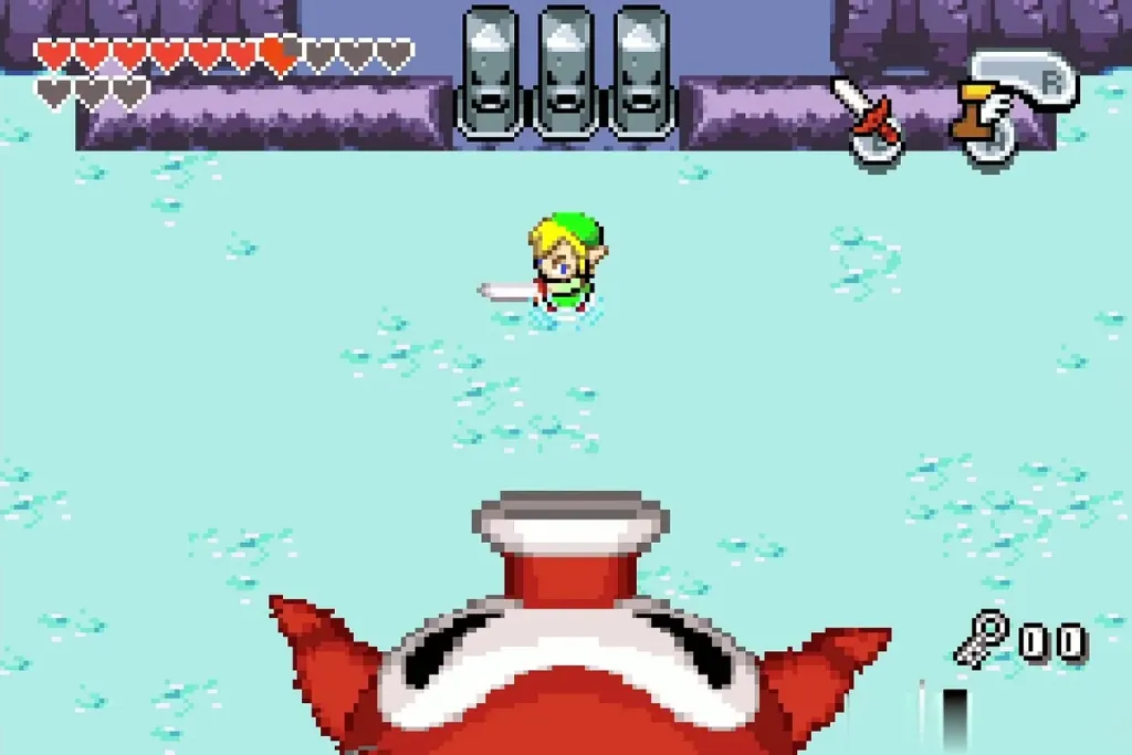 Big Octorok facing Link across the icy floor of the arena Big Octorok facing Link across the icy floor of the arena