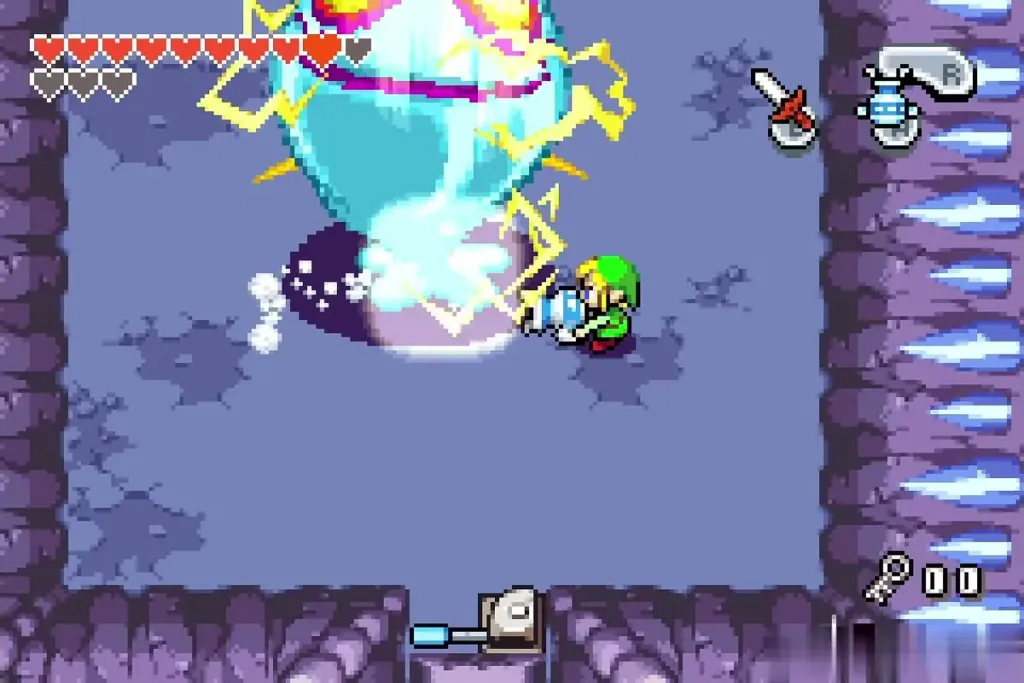 Link pulling the Big Blue ChuChu's base with the Gust Jar Link pulling the Big Blue ChuChu's base with the Gust Jar