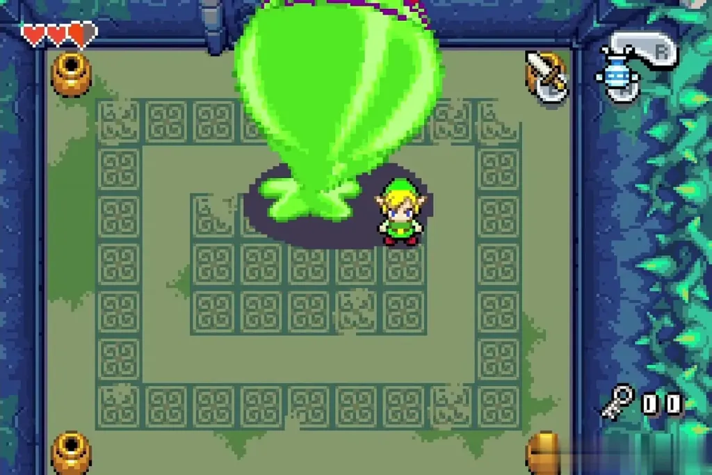 Link pulling the Big Green ChuChu's base with the Gust Jar as it shrinks Link pulling the Big Green ChuChu's base with the Gust Jar as it shrinks