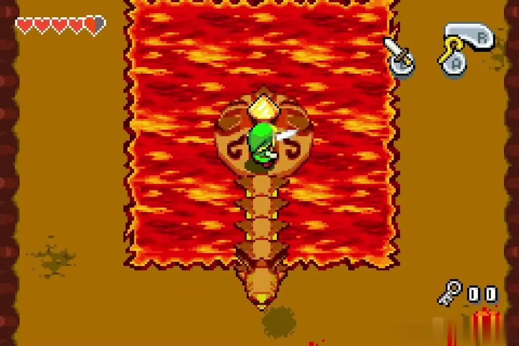 Link slashing the yellow jewel on the back of Gleerok after its shell flipped Link slashing the yellow jewel on the back of Gleerok after its shell flipped