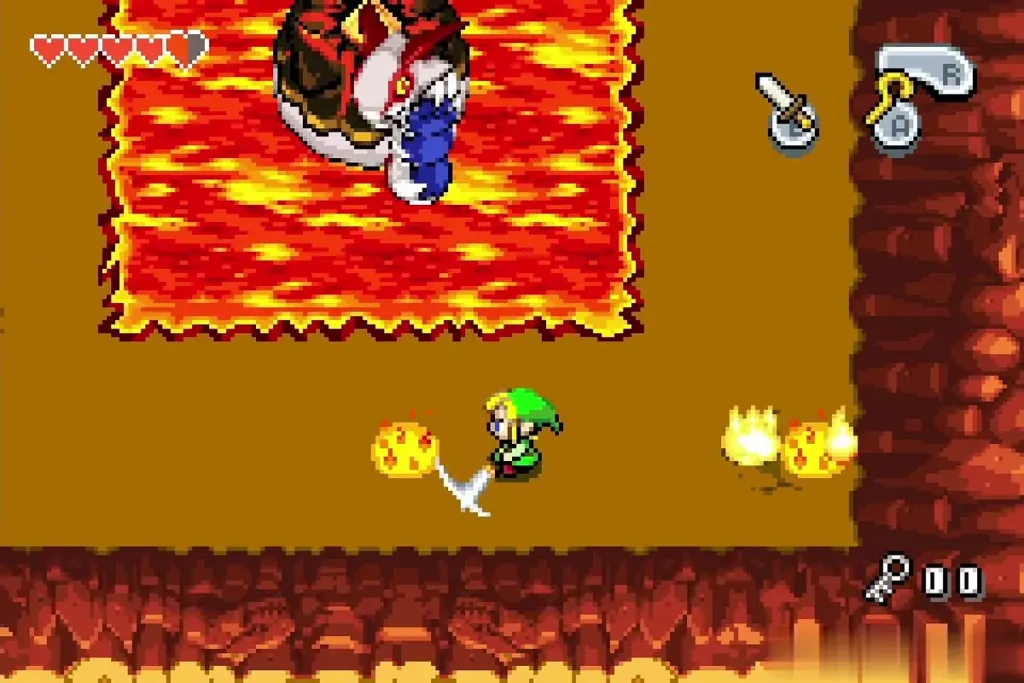 Link dodging Gleerok's fireballs along the edge of the arena Link dodging Gleerok's fireballs along the edge of the arena