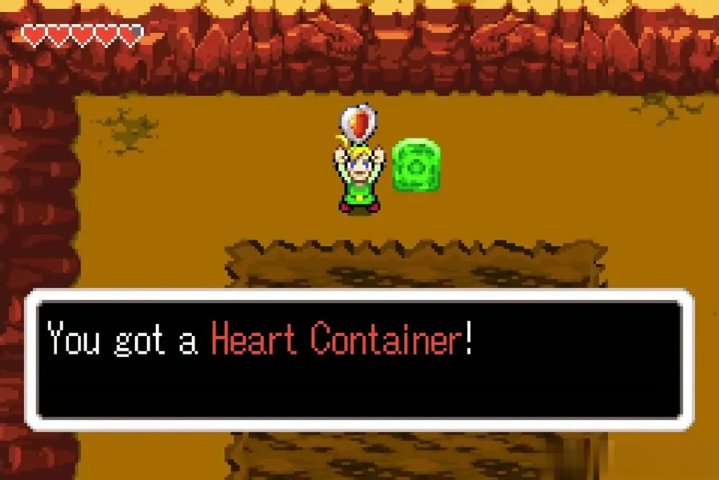 Link holding up a Heart Container north of the arena Link holding up a Heart Container north of the arena