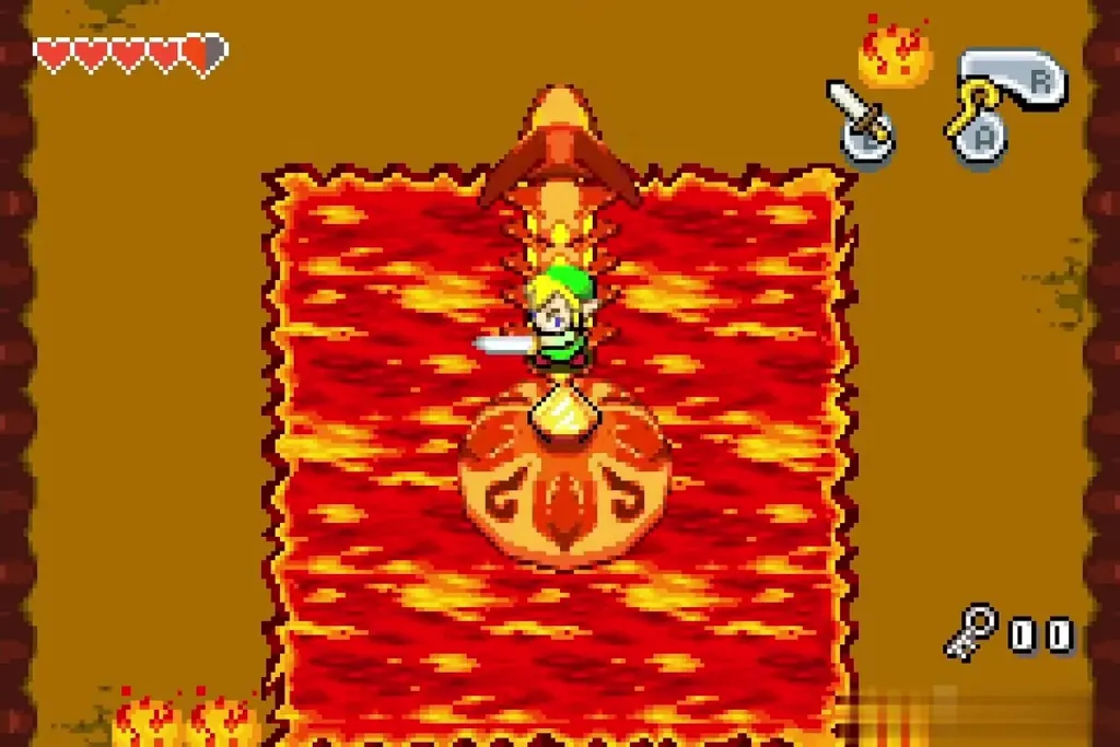 Link slashing Gleerok in the second round beside a larger lava pool Link slashing Gleerok in the second round beside a larger lava pool