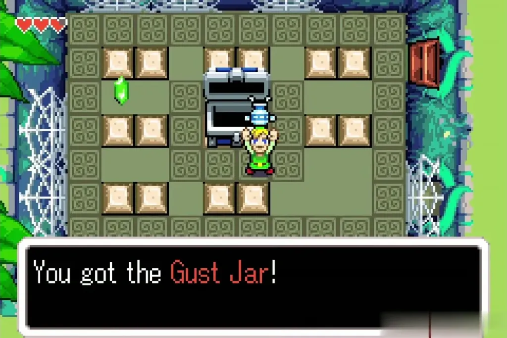 Link holding up the Gust Jar from the chest after the Madderpillar fight Link holding up the Gust Jar from the chest after the Madderpillar fight