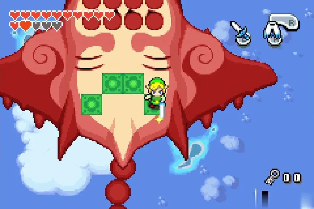 Link landed on the back of the red Gyorg next to the glowing tiles Link landed on the back of the red Gyorg next to the glowing tiles