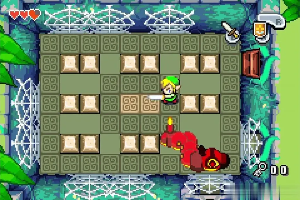 Red Madderpillar in its angry phase while Link keeps his distance Red Madderpillar in its angry phase while Link keeps his distance