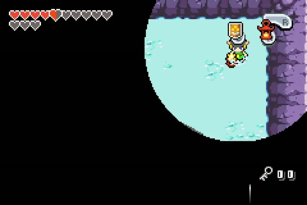 Link in the dark phase, lit only by the Lantern near the room's edge Link in the dark phase, lit only by the Lantern near the room's edge