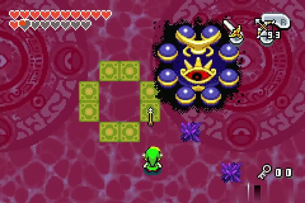 Link shooting an arrow at the orbs ringing Vaati's eye Link shooting an arrow at the orbs ringing Vaati's eye