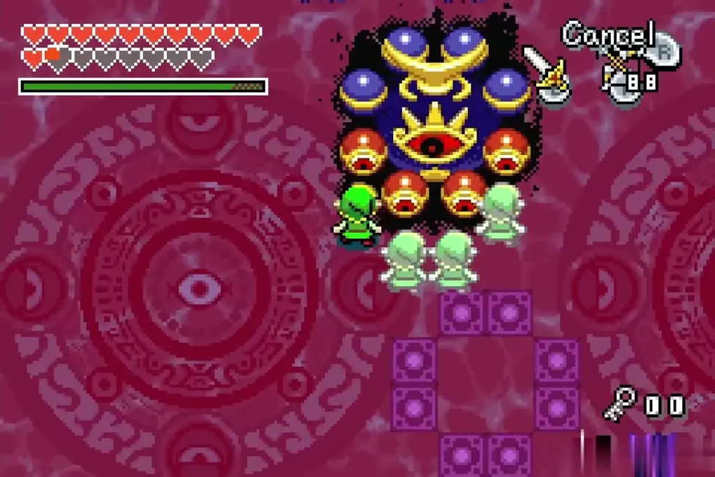 Link and clones standing on the block layout hitting the four red eyes Link and clones standing on the block layout hitting the four red eyes