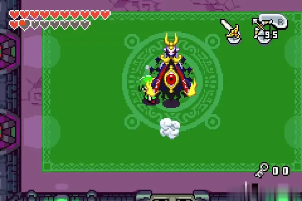 Link slashing Vaati's body eye with white puffs around him Link slashing Vaati's body eye with white puffs around him