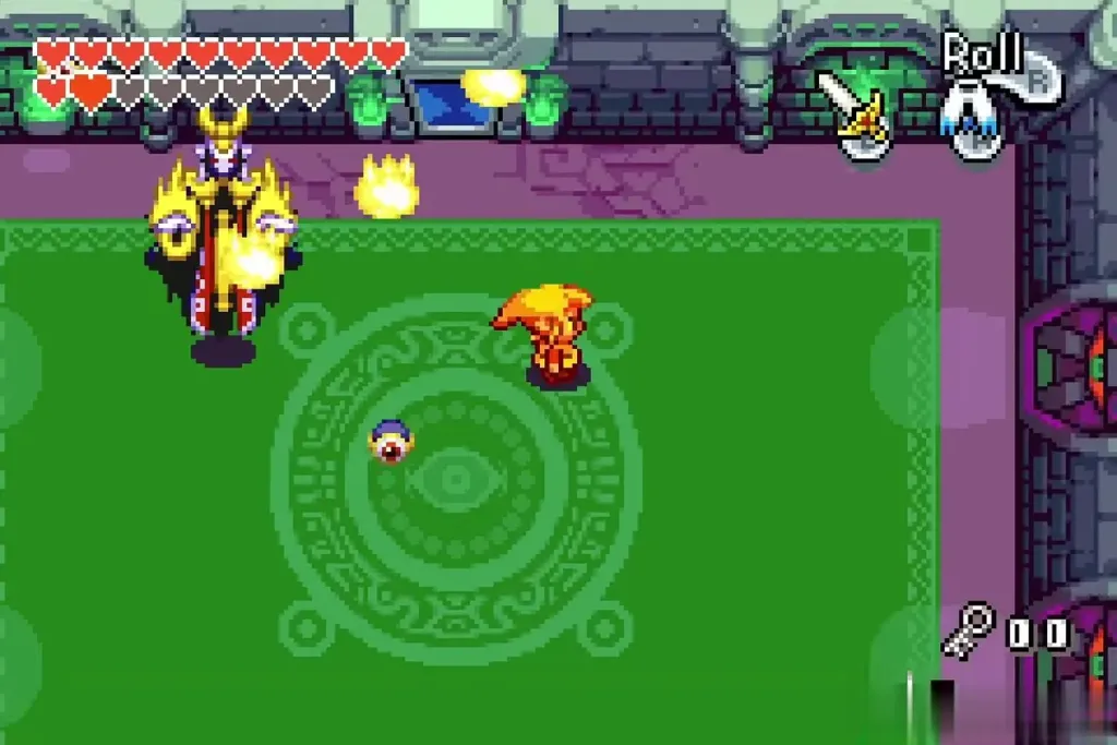 Vaati firing fireballs across the chamber as Link keeps moving Vaati firing fireballs across the chamber as Link keeps moving