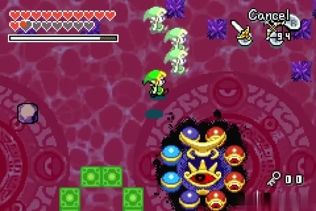 A rock thrown across the red arena while Link and clones advance A rock thrown across the red arena while Link and clones advance