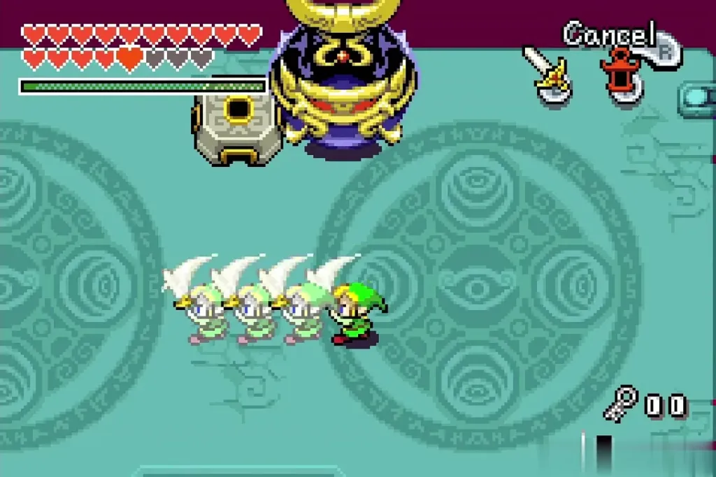 Four Links swinging their swords together at the energy ball Four Links swinging their swords together at the energy ball