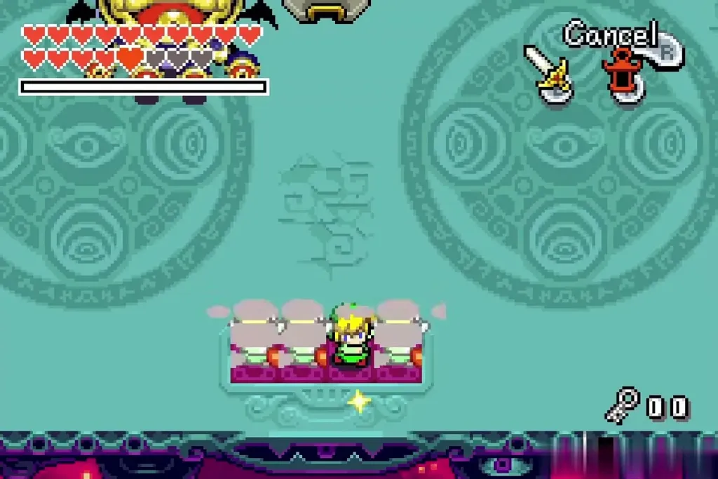 Link split into four clones lined up in front of Vaati's small eyes Link split into four clones lined up in front of Vaati's small eyes