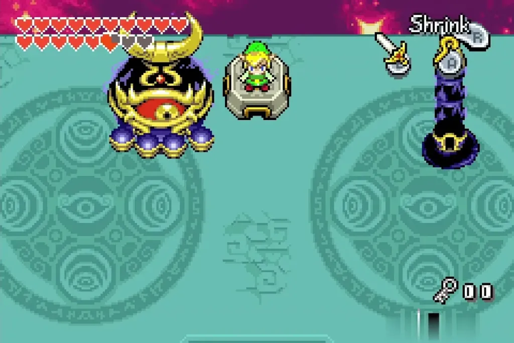 Link on the Minish pedestal beside the arm, about to shrink Link on the Minish pedestal beside the arm, about to shrink