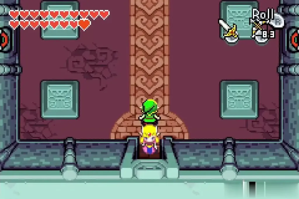 Link leading the freed Zelda out of the chamber down the carpet Link leading the freed Zelda out of the chamber down the carpet