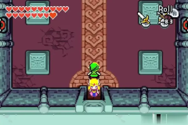 Link leading the freed Zelda out of the chamber down the carpet Link leading the freed Zelda out of the chamber down the carpet