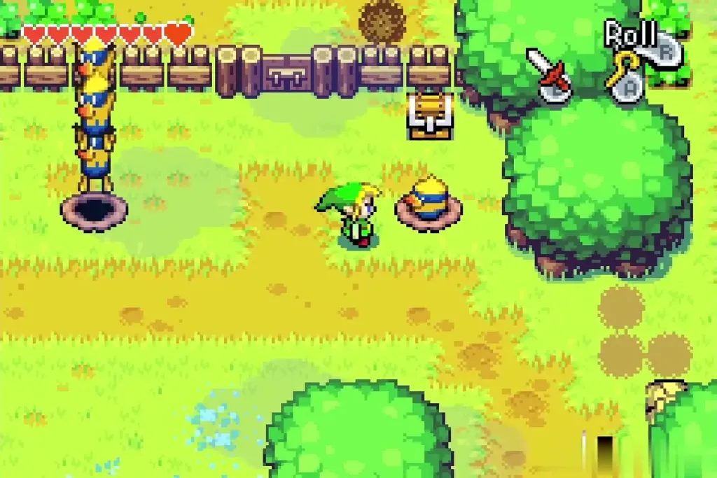 A closed chest in the Eastern Hills field next to Eenie and Meenie's farm, with Link walking up to it A closed chest in the Eastern Hills field next to Eenie and Meenie's farm, with Link walking up to it