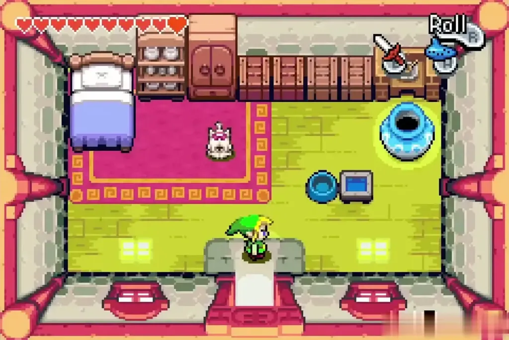 Link entering the red-roofed house at Lake Hylia where Borken the dog waits Link entering the red-roofed house at Lake Hylia where Borken the dog waits