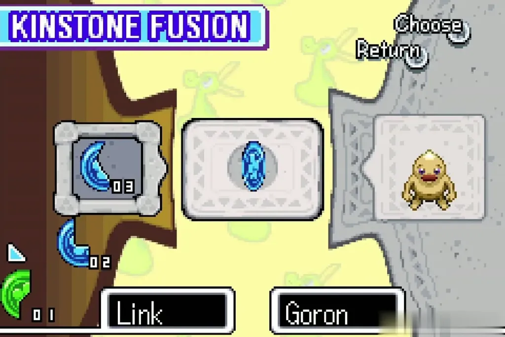 The Kinstone Fusion screen with a blue piece joined to the Goron at Lon Lon Ranch The Kinstone Fusion screen with a blue piece joined to the Goron at Lon Lon Ranch