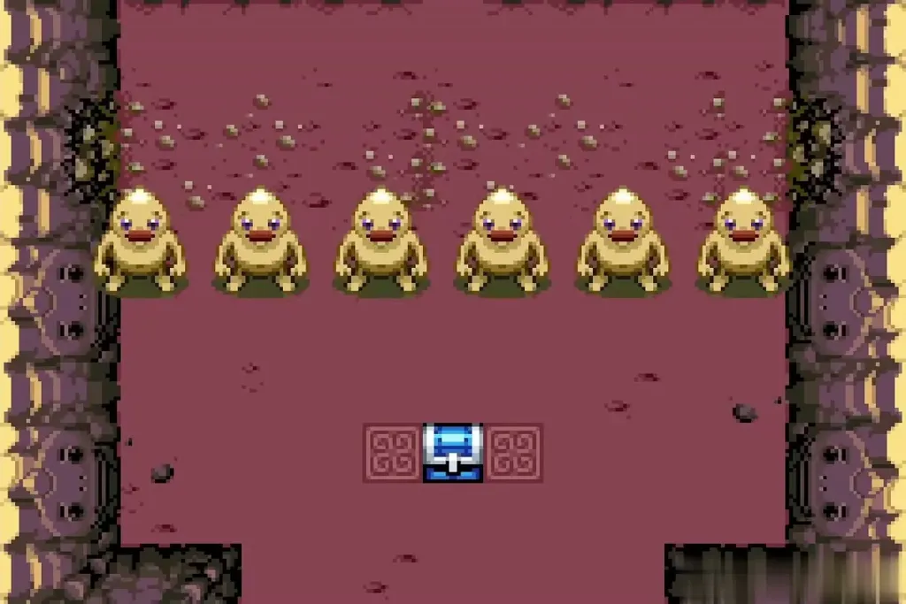 Six Gorons standing in a row in the cave with the chest shown Six Gorons standing in a row in the cave with the chest shown