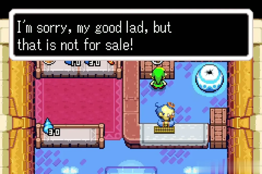 Stockwell apologising that the bottle is not for sale while Link stands at his counter Stockwell apologising that the bottle is not for sale while Link stands at his counter