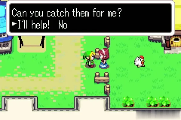 Anju in front of her house in Hyrule Town asking Link to help catch the escaped Cuccos Anju in front of her house in Hyrule Town asking Link to help catch the escaped Cuccos