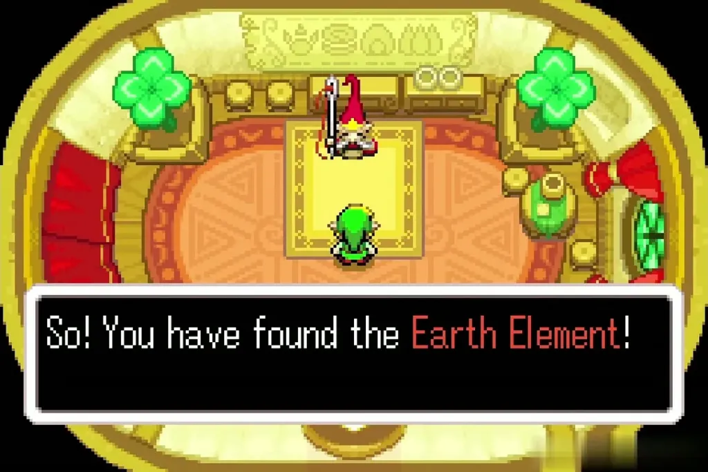 Elder Gentari in his round yellow hall telling Link he has found the Earth Element Elder Gentari in his round yellow hall telling Link he has found the Earth Element