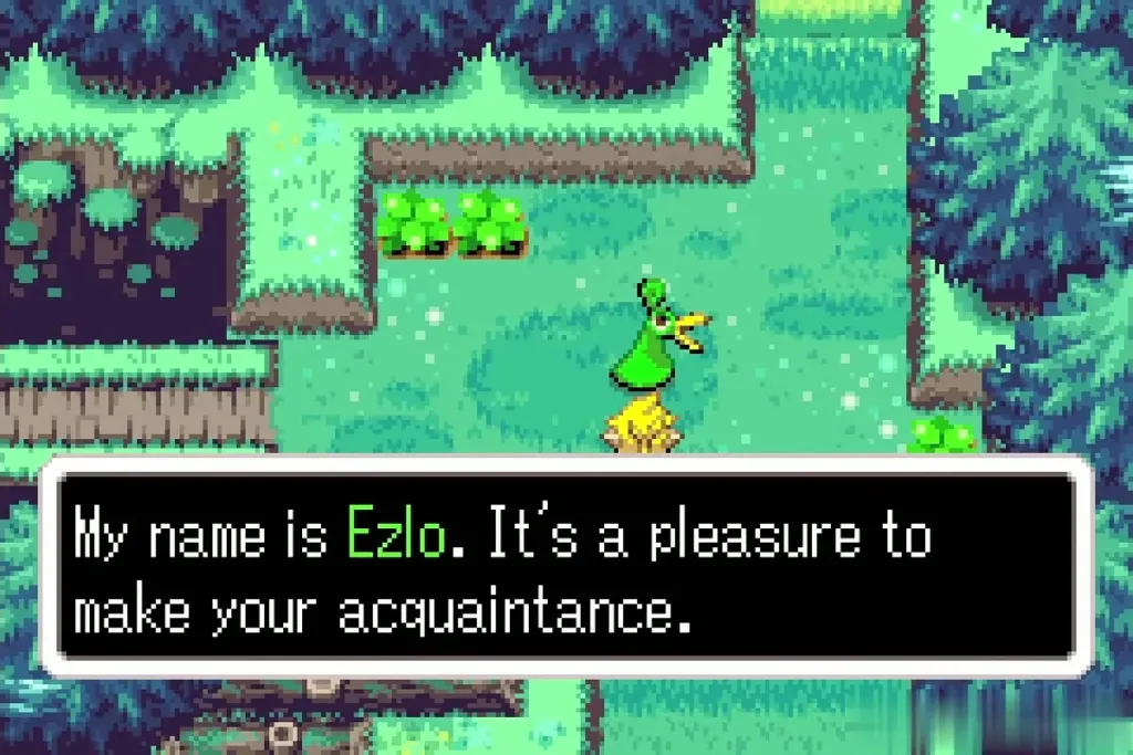 Ezlo introducing himself as a green hat-like Minish in the Minish Woods clearing Ezlo introducing himself as a green hat-like Minish in the Minish Woods clearing
